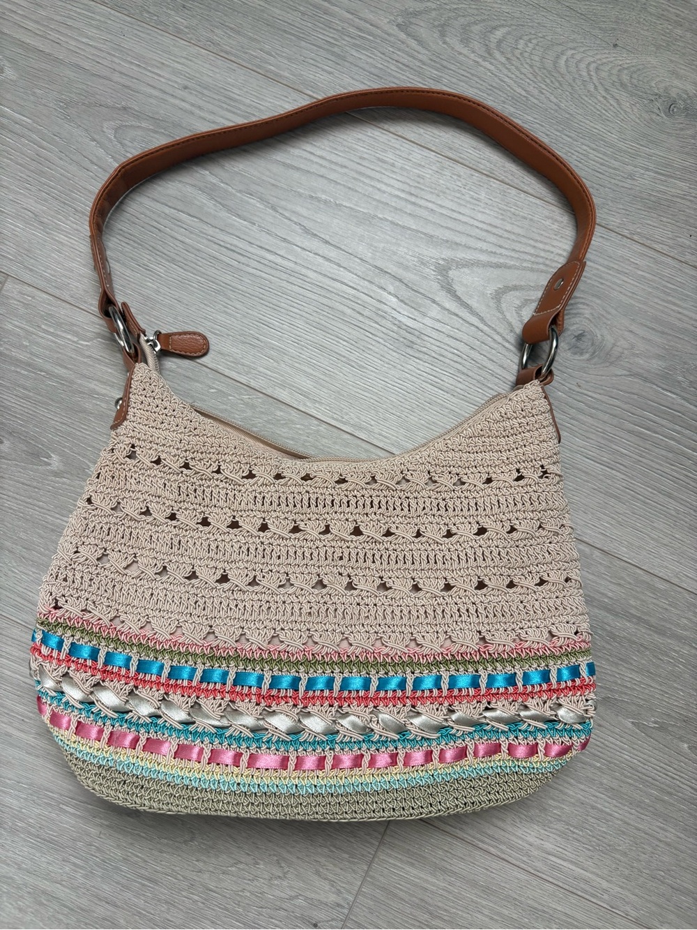 Beige Crochet Shoulder Bag with Multicolor Ribbon Accents